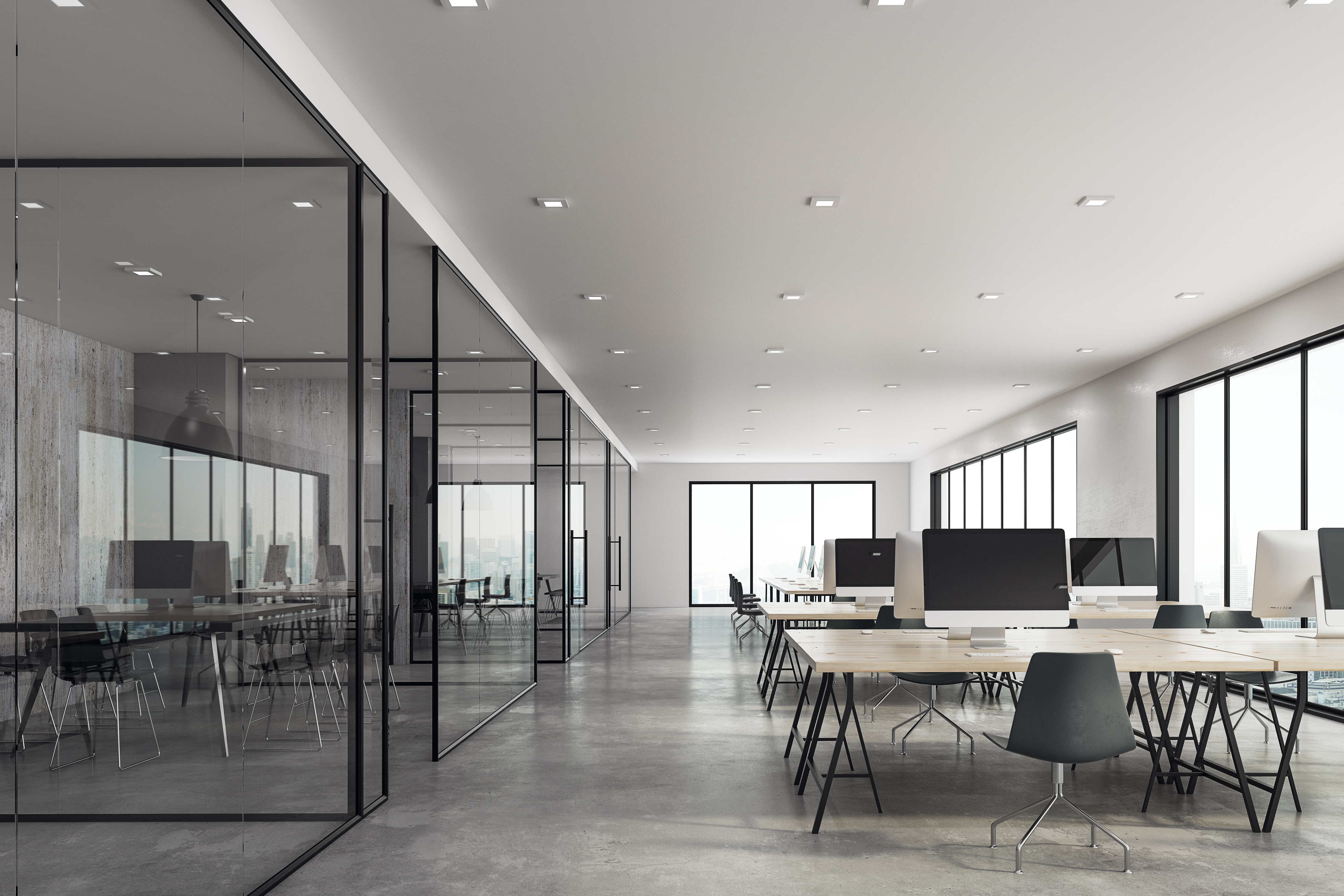 Bright coworking glass office interior. 3D Rendering